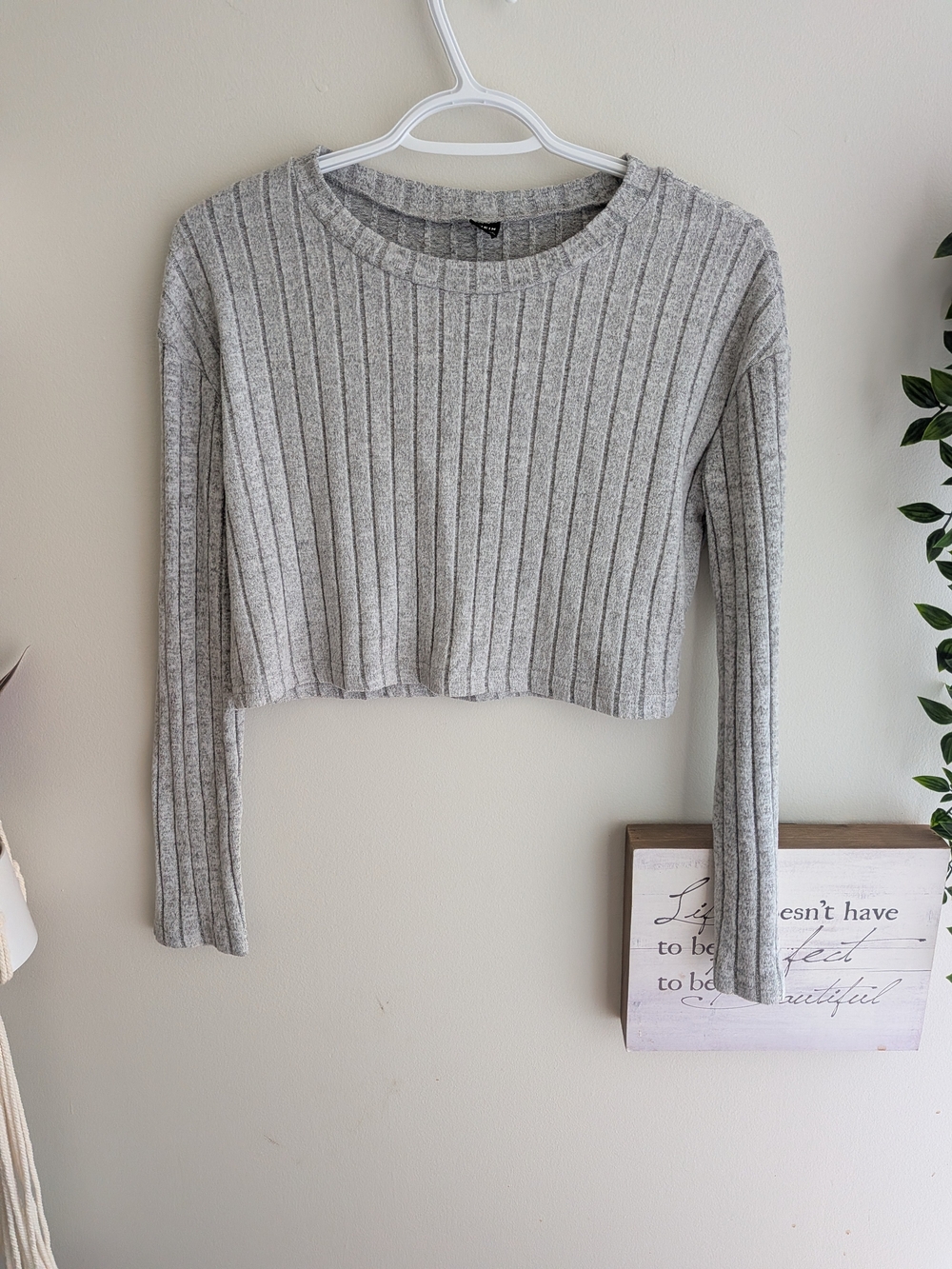 SHEIN Gray Ribbed Cropped Long-Sleeve Top
